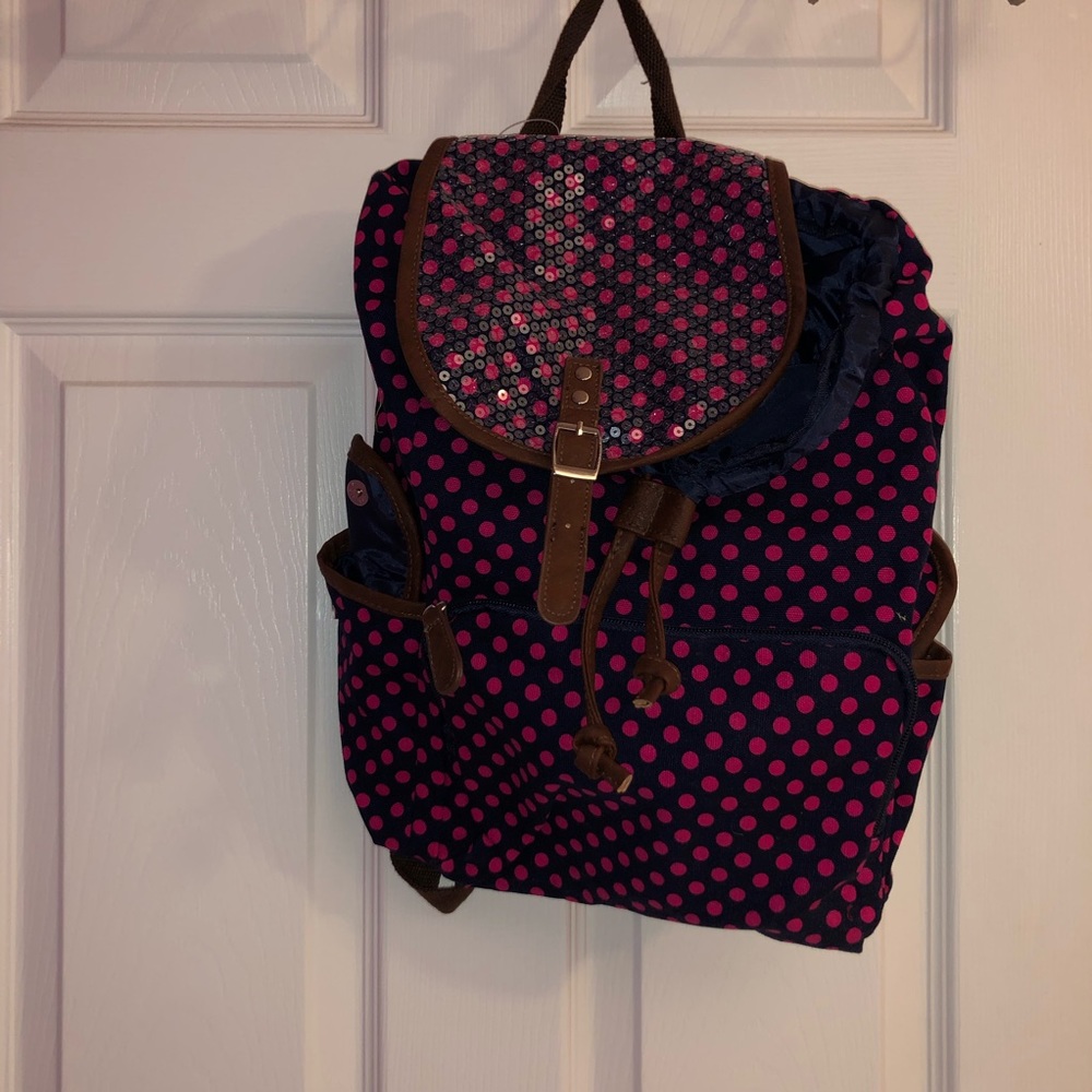 Pink and Blue Polka-Dot Backpack with Brown Straps